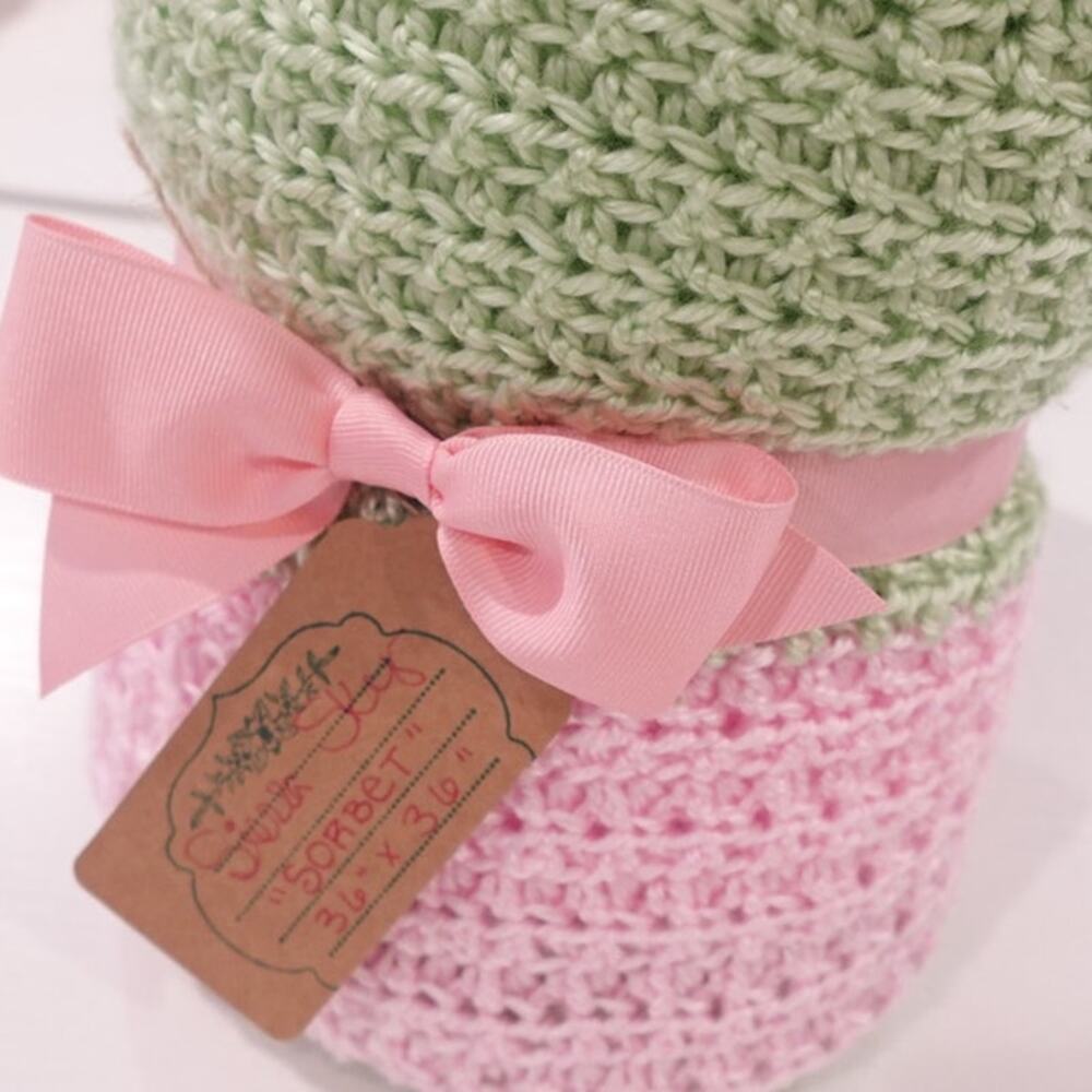 SORBET Sage /Pink Crochet Baby Afghan Blanket, Soft Silky Yarn